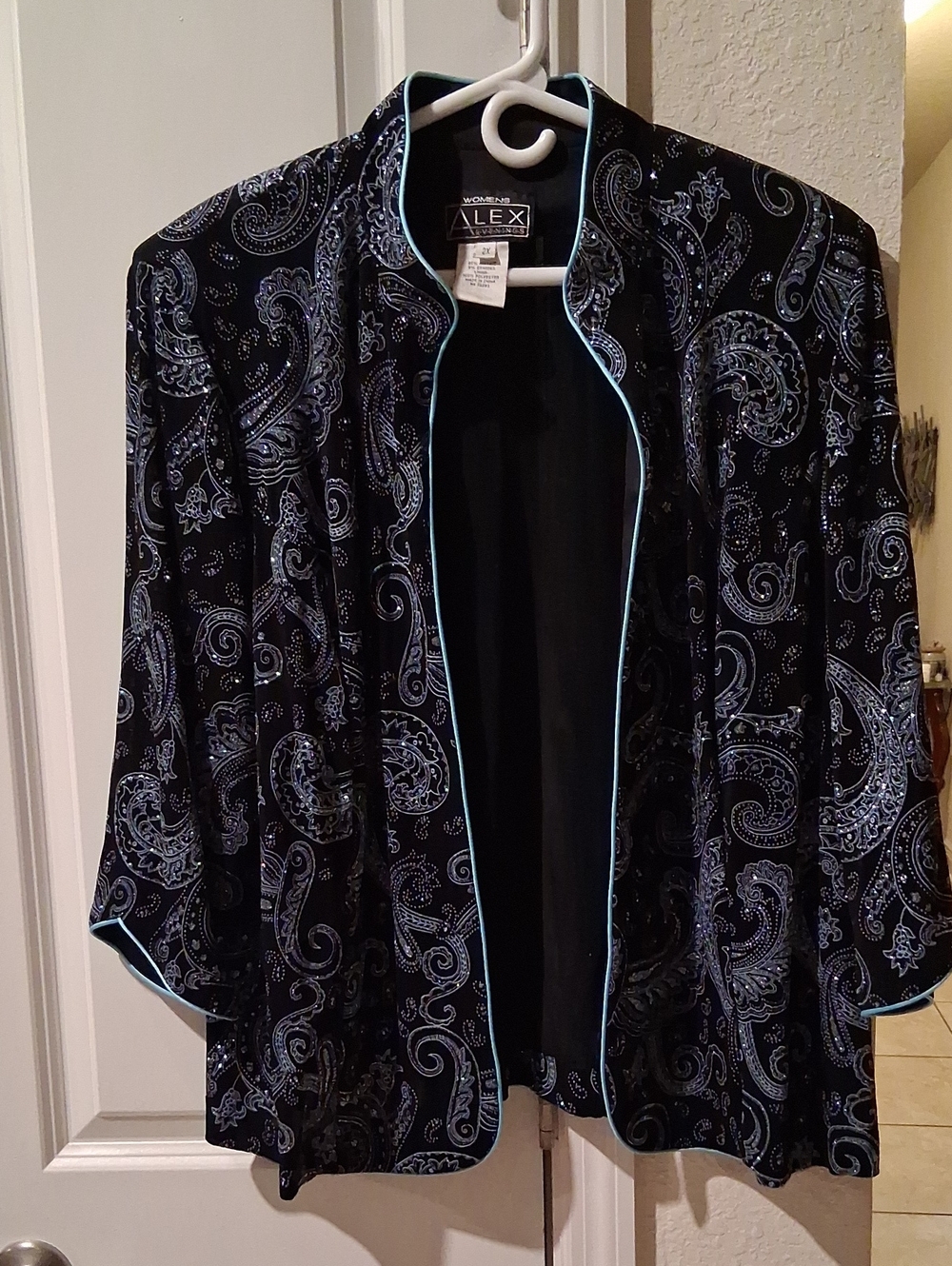 Alex Evenings Black Paisley Open-Front Jacket with Light Blue Trim